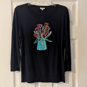 NWT Talbots Navy Blue Top with Colorful Tulip Design